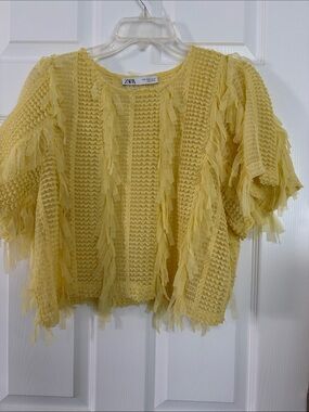 Zara Pale Yellow Fringe Crochet Top